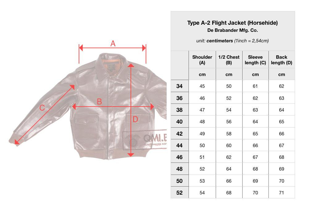 Type A-2 Leather Flight Jacket (horsehide) - Size Table (centimeters)