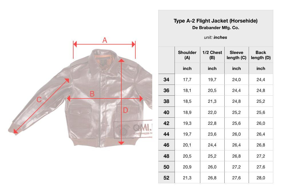 Type A-2 Leather Flight Jacket (horsehide) - Size Table (inches)