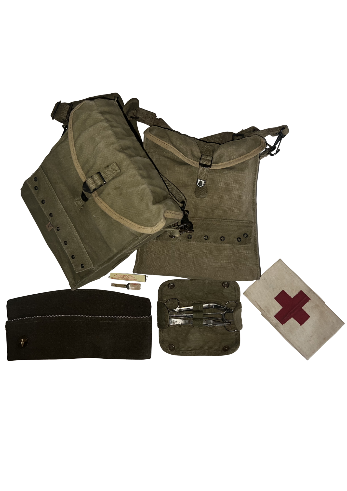 US WW2 Enlisted /NCO Medic Pouch Set with all contents, Medic armband and oversea cap