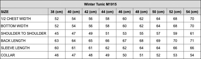 M1915 Winter Tunic size table EN